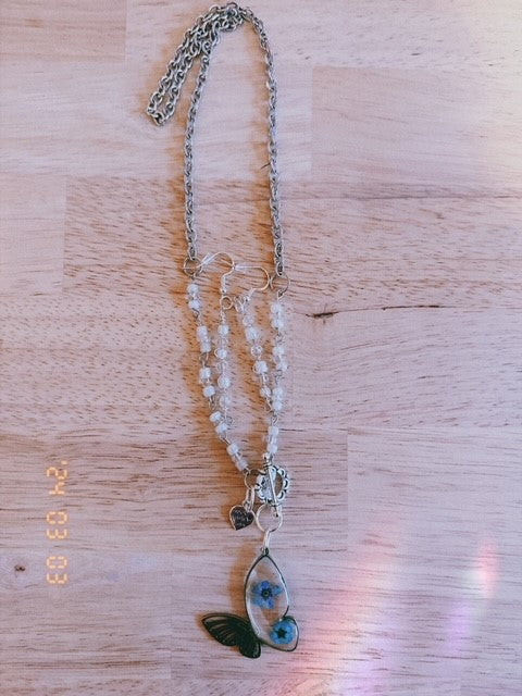 Blue Flower Butterfly Necklace