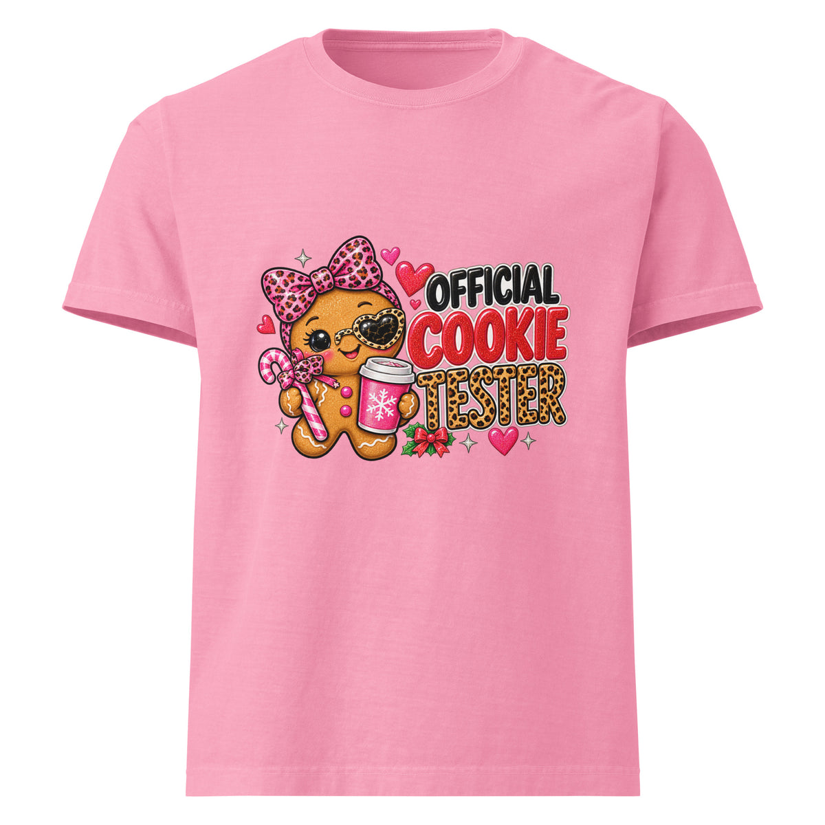 Official Cookie Tester graphic T-shirt in bubble gum pink, front view