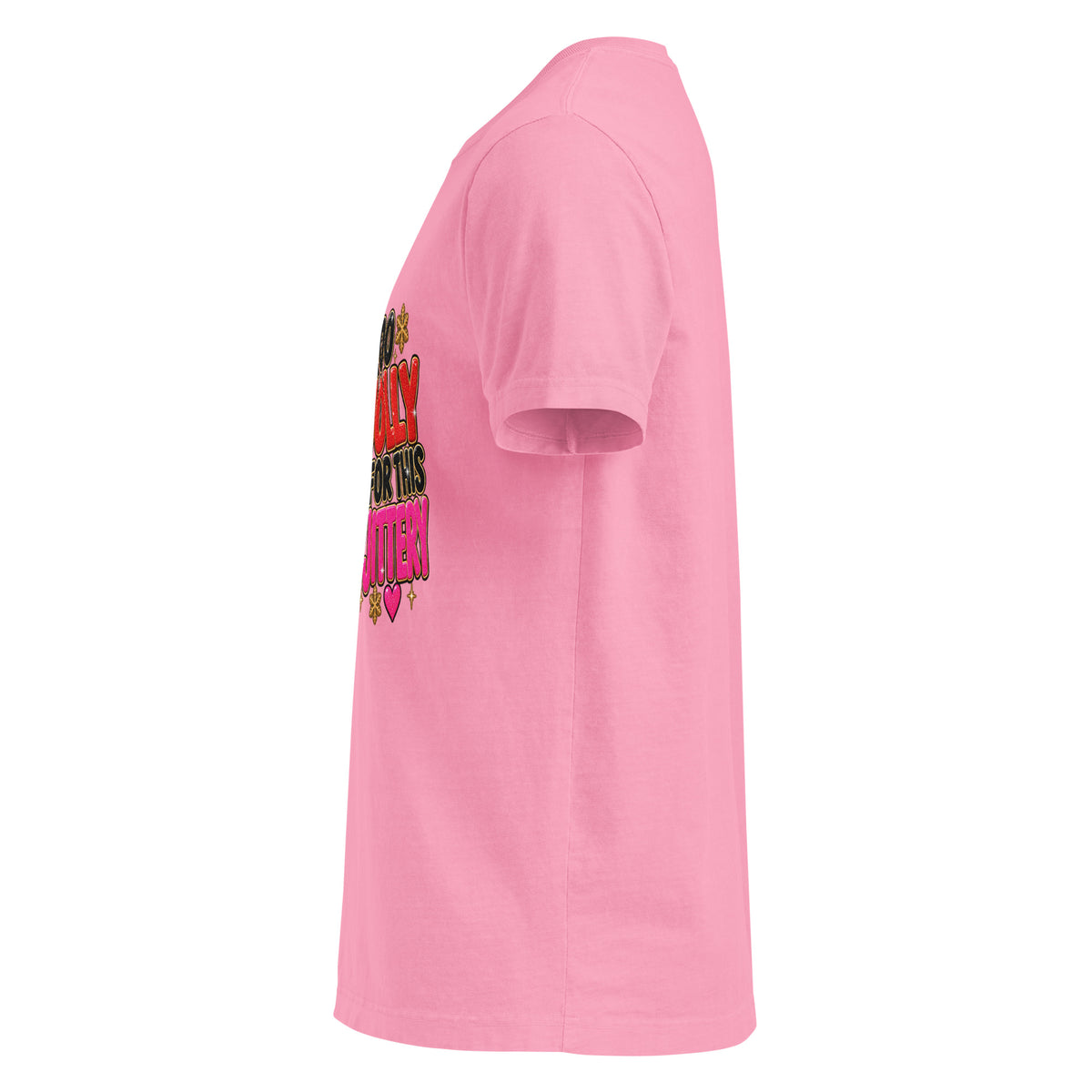 Too Jolly for This Jittery Christmas graphic T-shirt in bubble gum pink, left-side view.