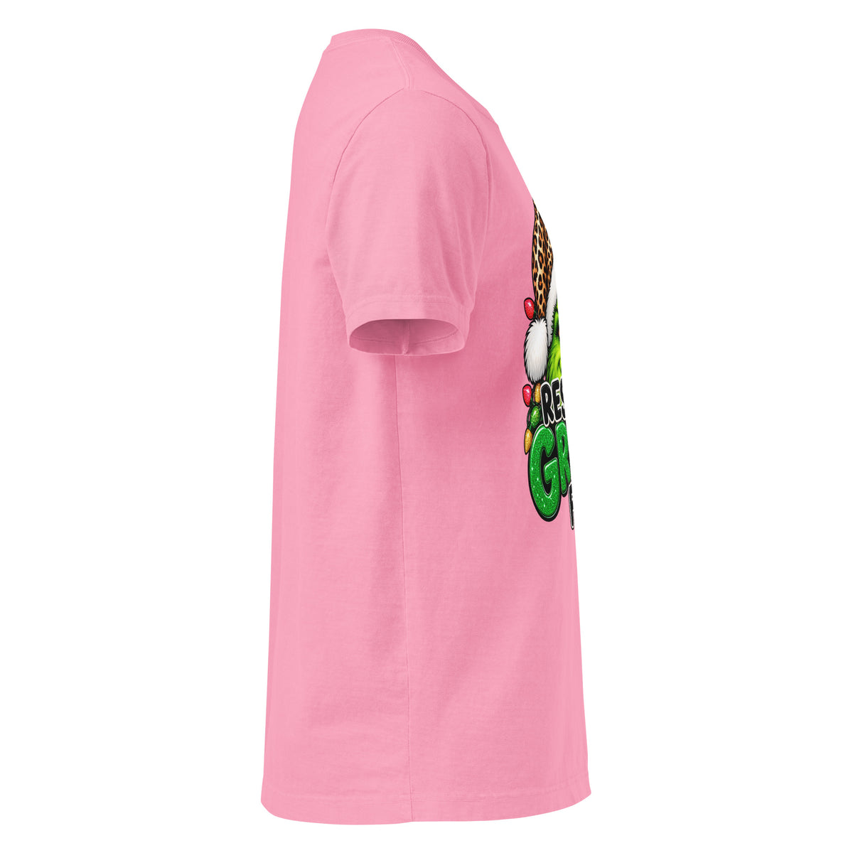 Resting Grinch Face Christmas graphic T-shirt in bubble gum pink, right-side view.