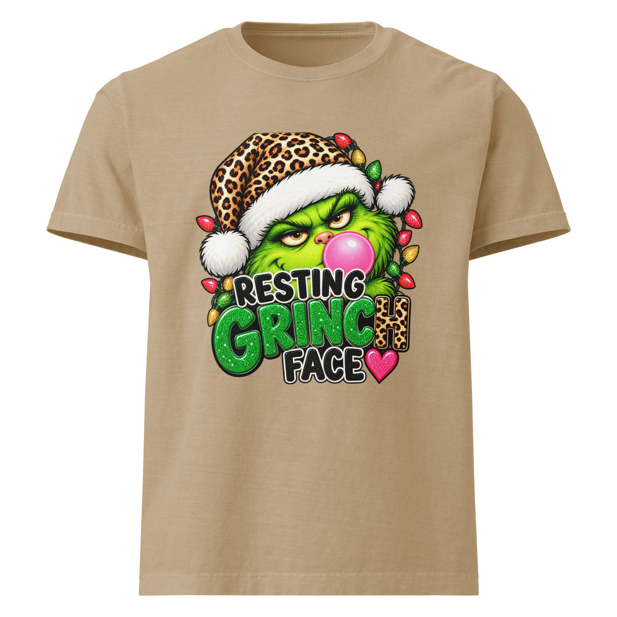 Resting Grinch Face Christmas graphic T-shirt in khaki, front view.