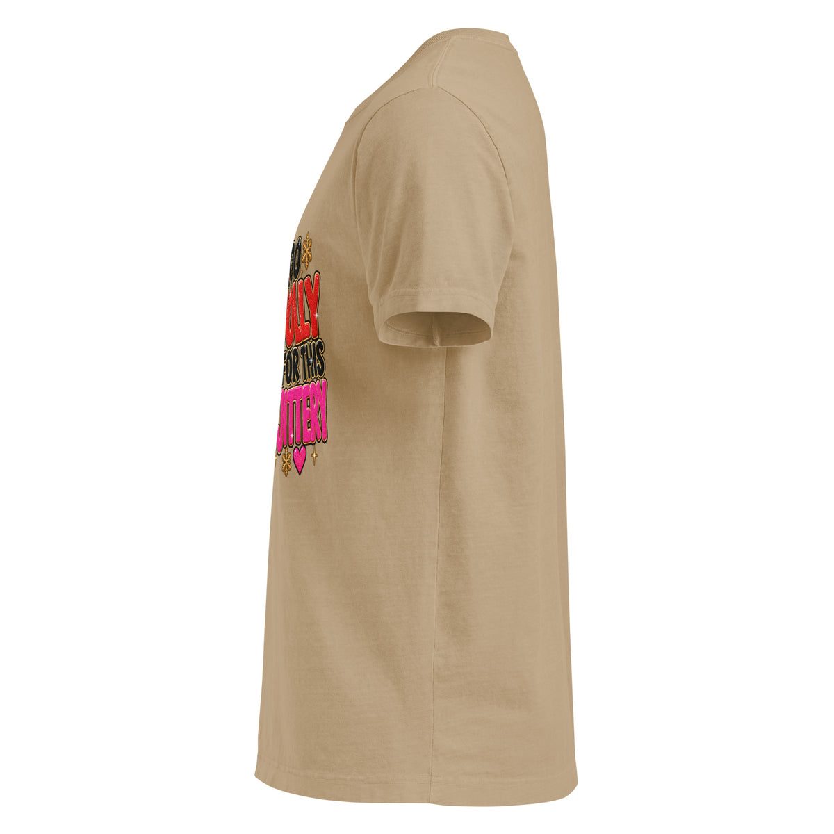 Too Jolly for This Jittery Christmas graphic T-shirt in khaki, left-side view.