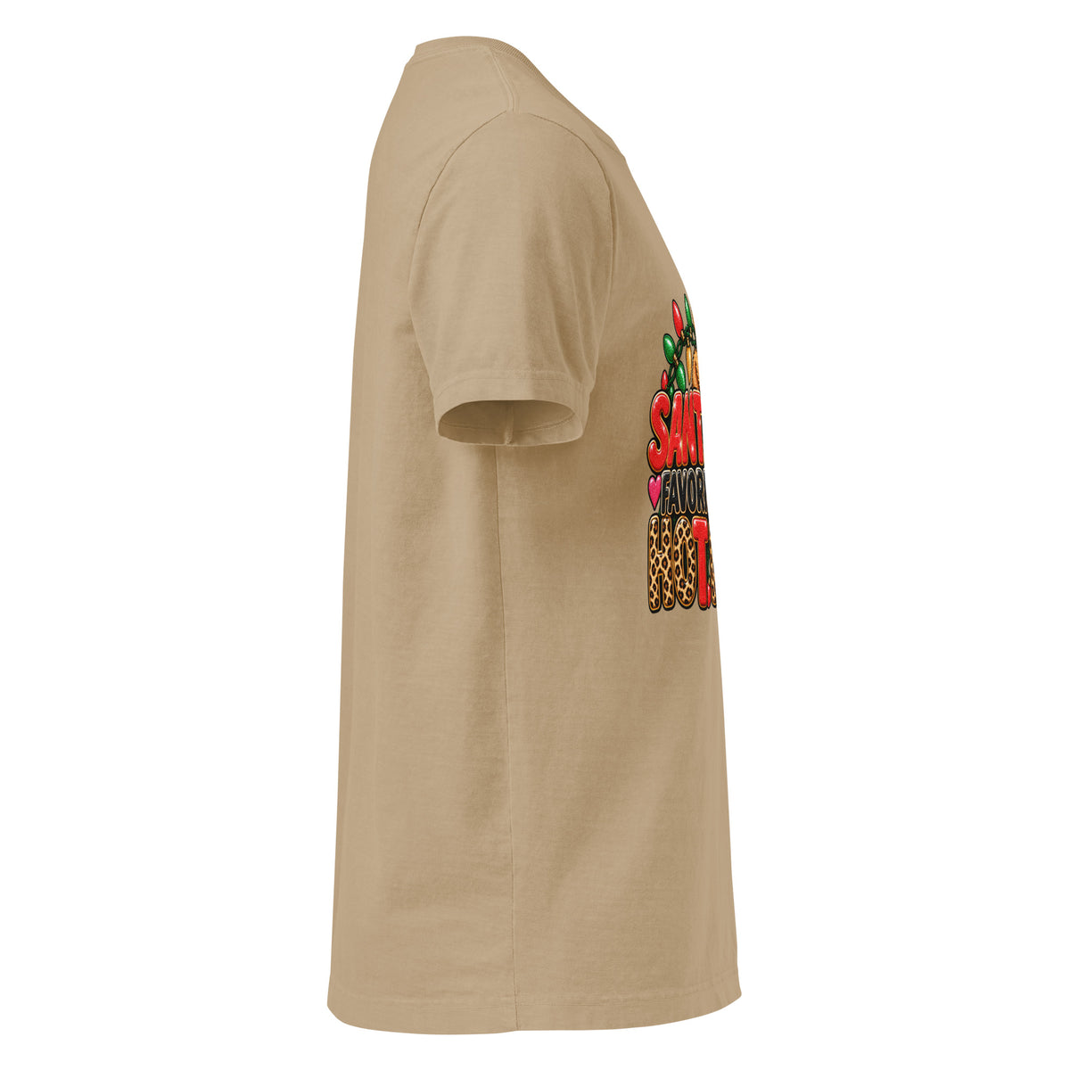 Santa’s Favorite Hot Mess Christmas graphic T-shirt in khaki, right-side view.