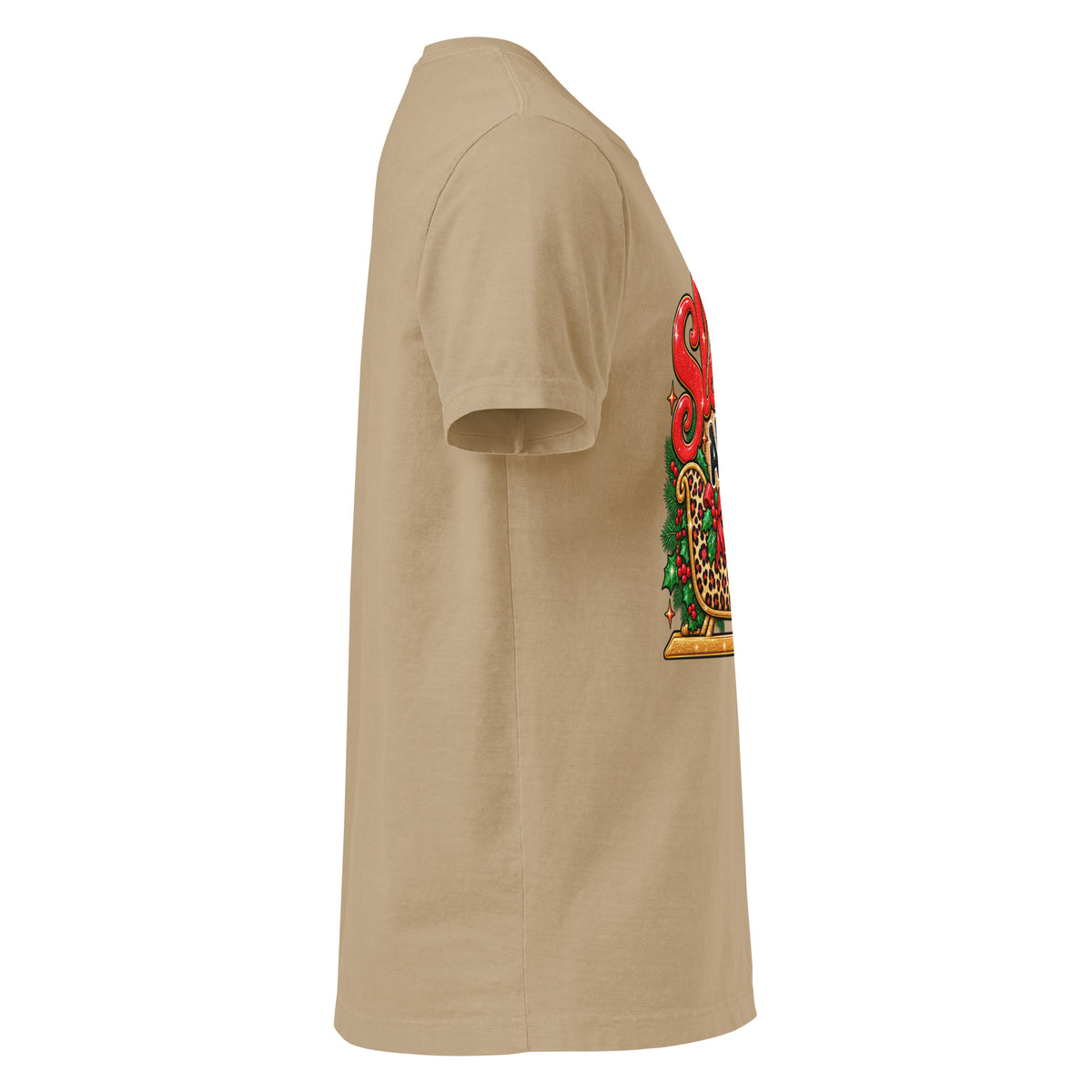 Sleigh All Day Christmas graphic T-shirt in khaki, right side view
