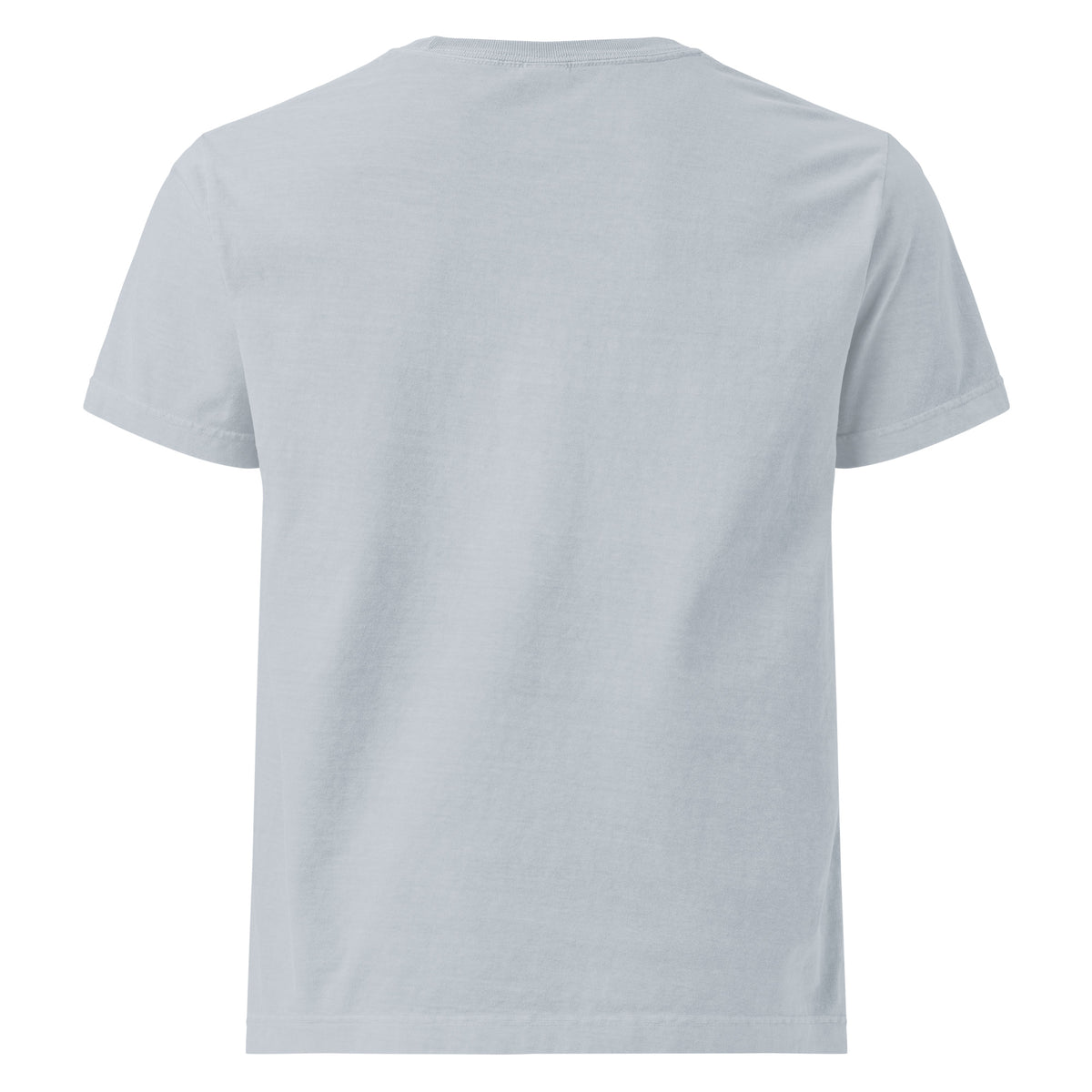 Too Jolly for This Jittery Christmas graphic T-shirt in light washed denim, back view.