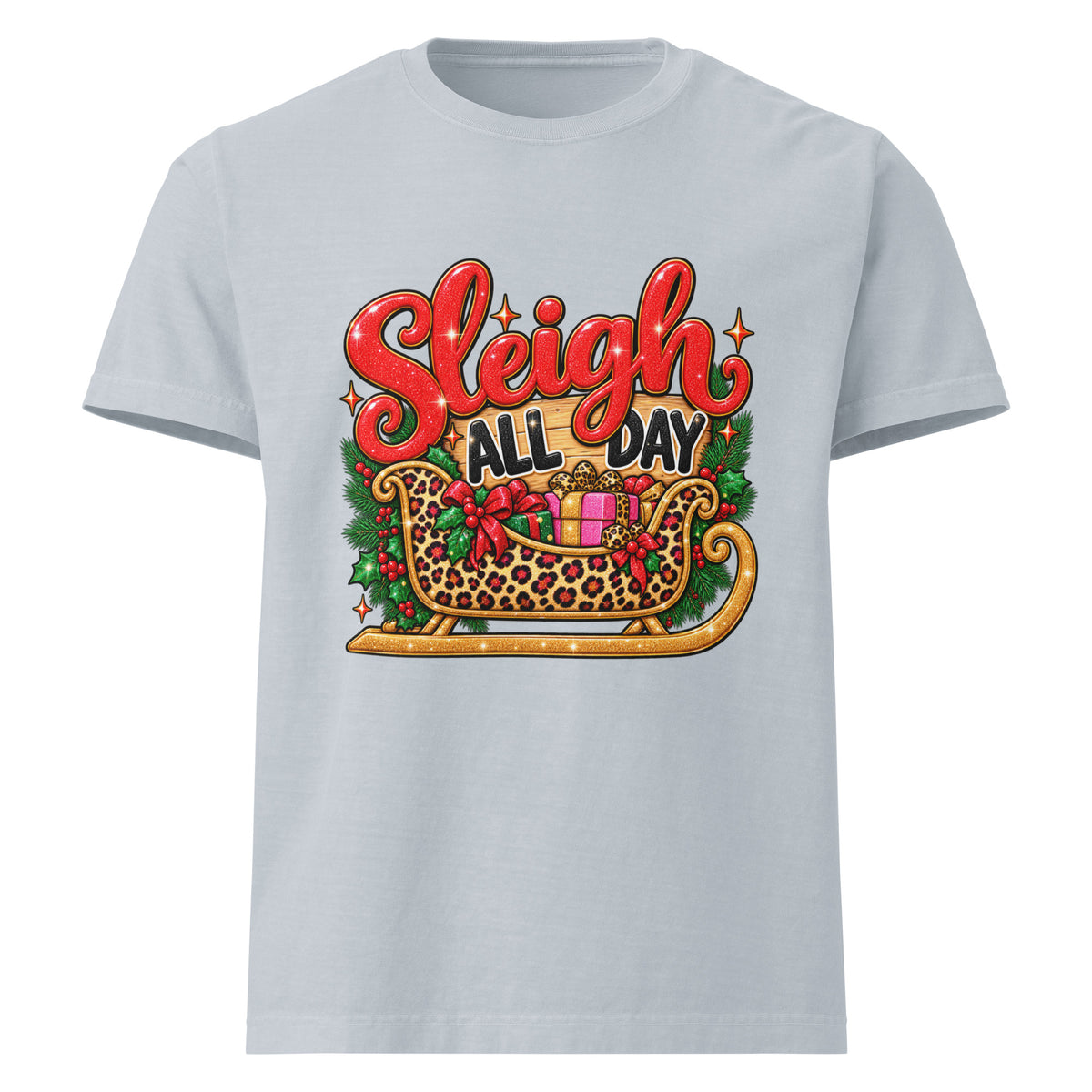 Sleigh All Day Christmas graphic T-shirt in light washed denim, front view