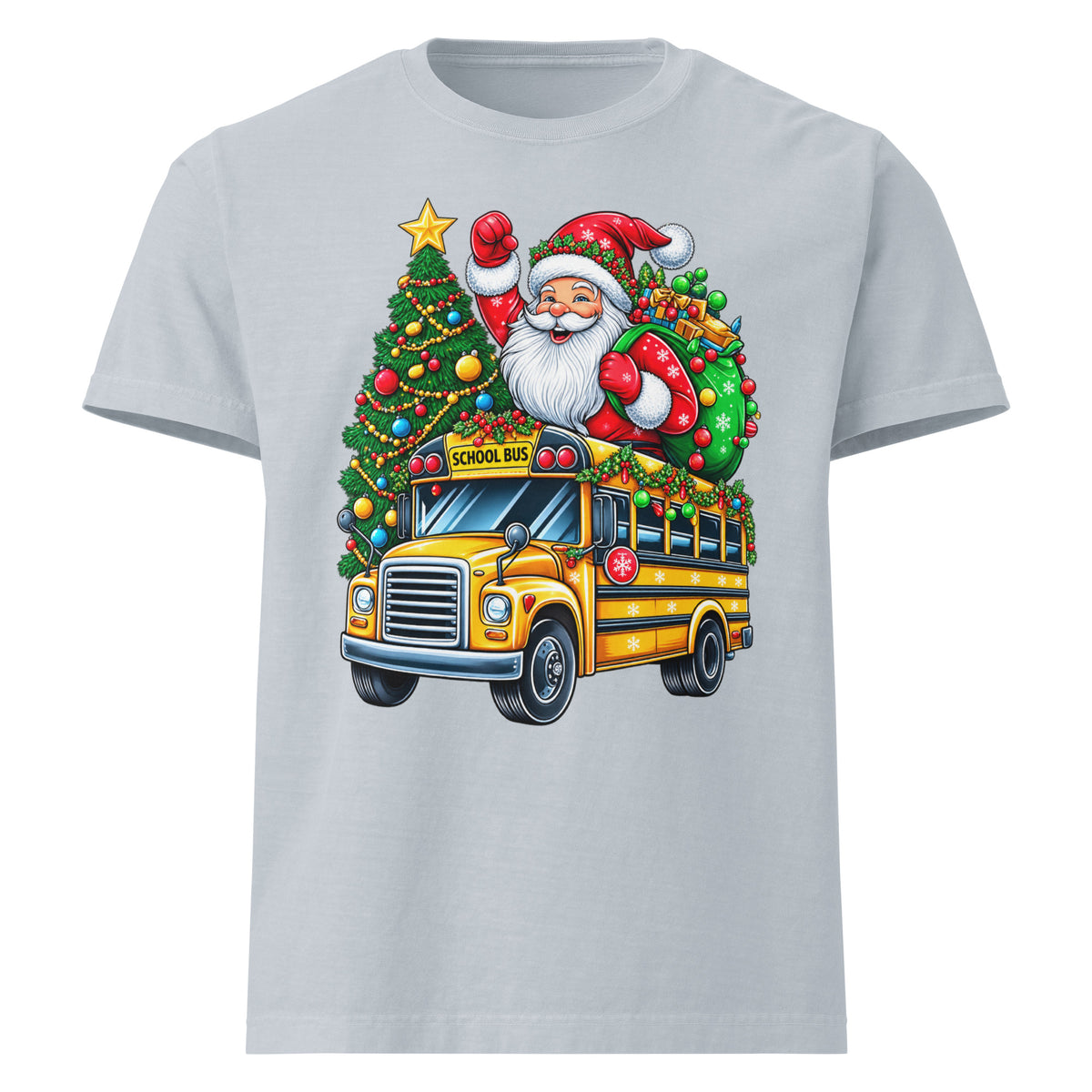 Santa's Christmas school bus driver graphic printed on a heavyweight oversized T-shirt.