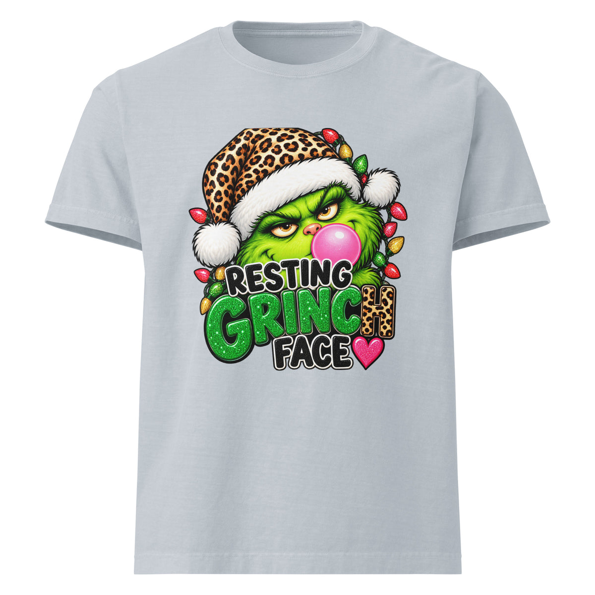 Resting Grinch Face Christmas graphic T-shirt in light washed denim, front view.