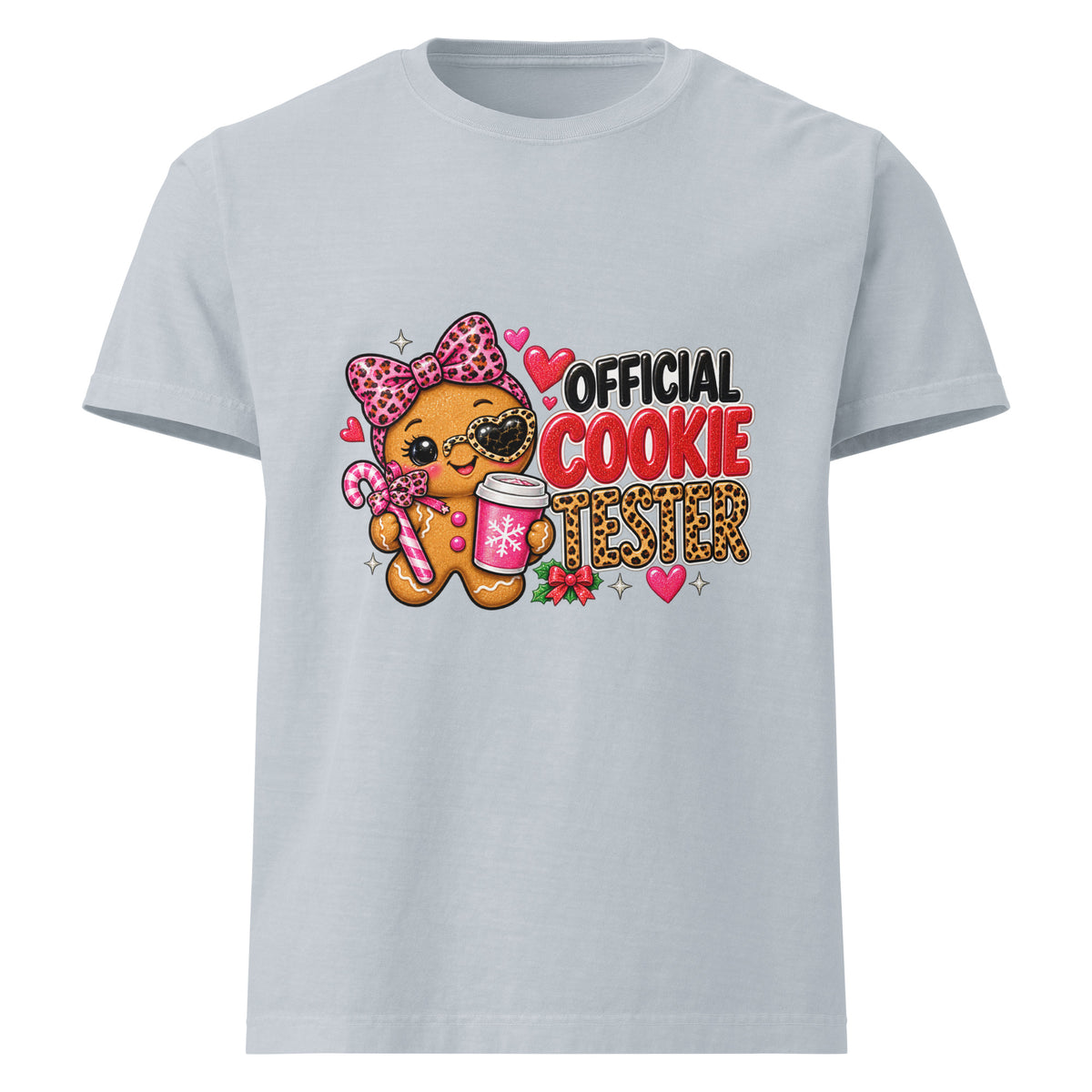 Official Cookie Tester graphic T-shirt in light washed denim, front view