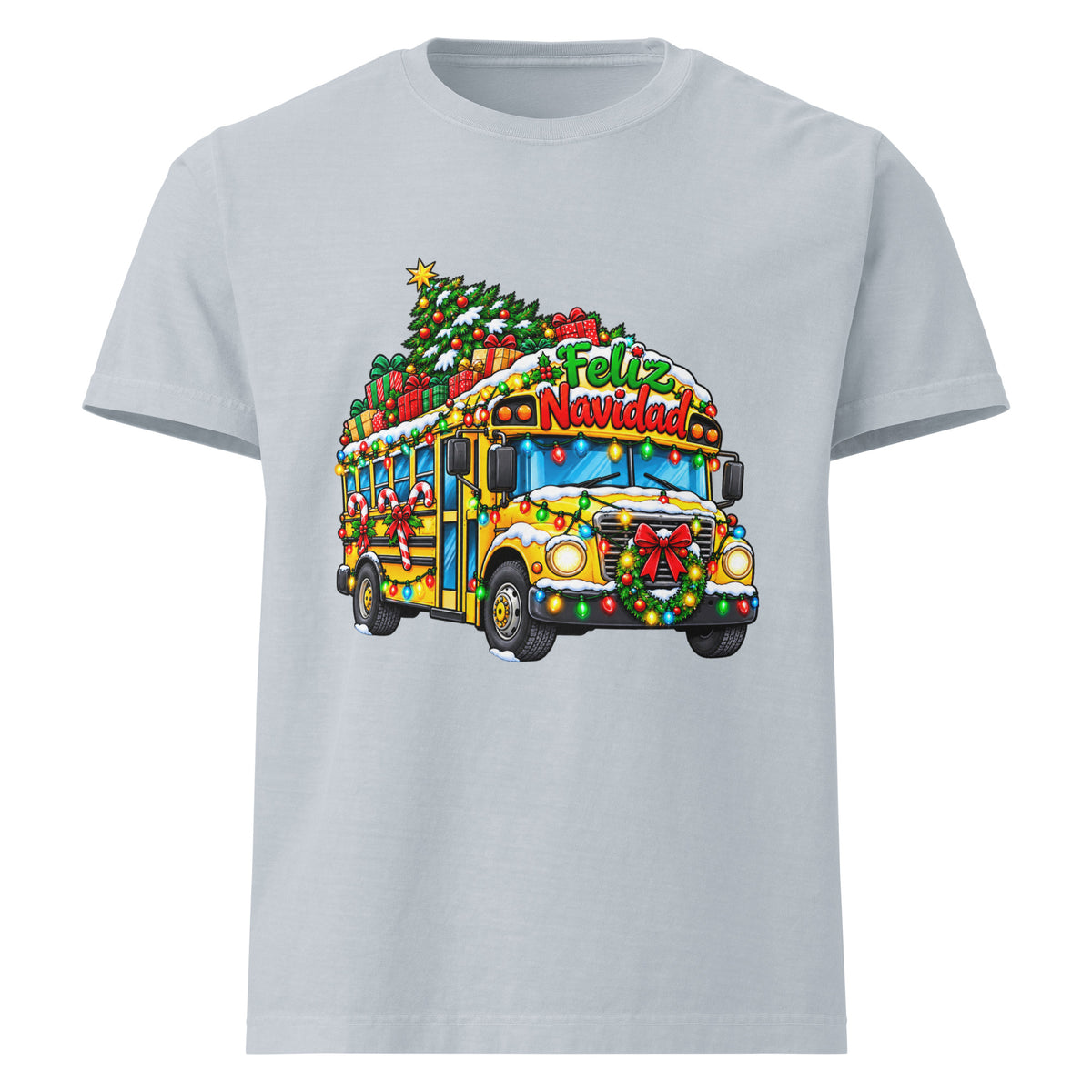 Unisex oversized heavyweight cotton T-shirt in light washed denim, front view.