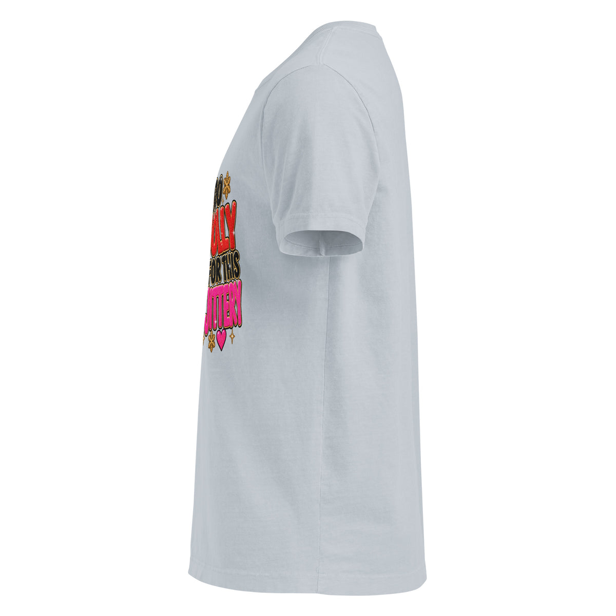 Too Jolly for This Jittery Christmas graphic T-shirt in light washed denim, left-side view.