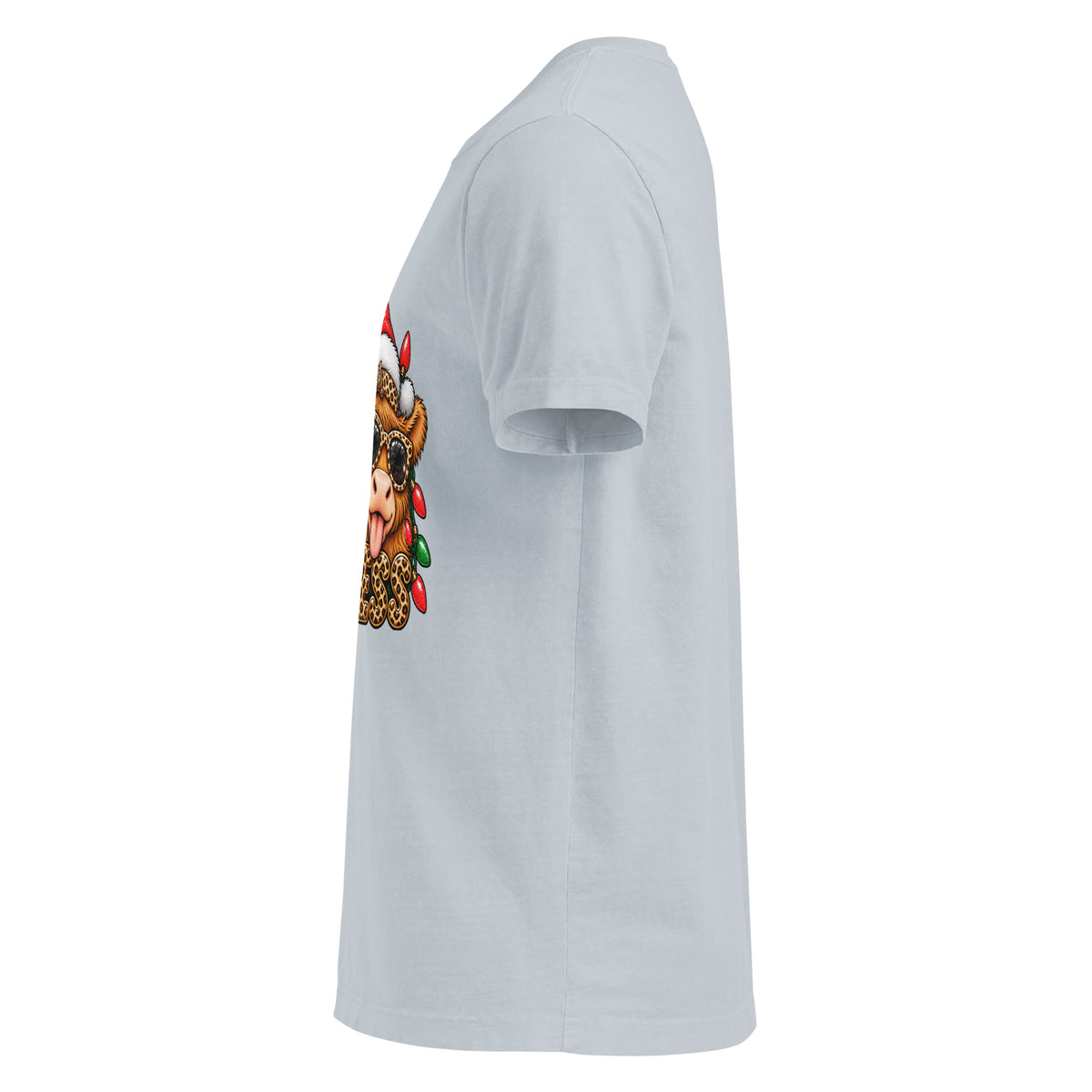 Santa’s Favorite Hot Mess Christmas graphic T-shirt in light washed denim, left-side view.