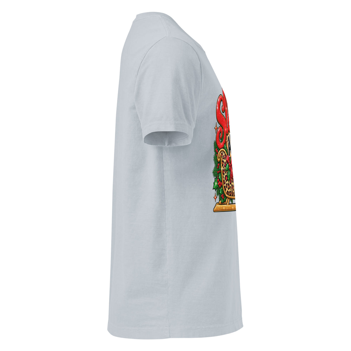 Sleigh All Day Christmas graphic T-shirt in light washed denim, right side view