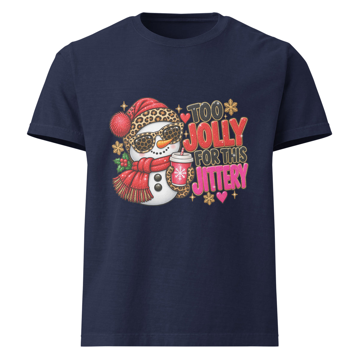 Too Jolly for This Jittery Christmas graphic T-shirt in navy, front view.