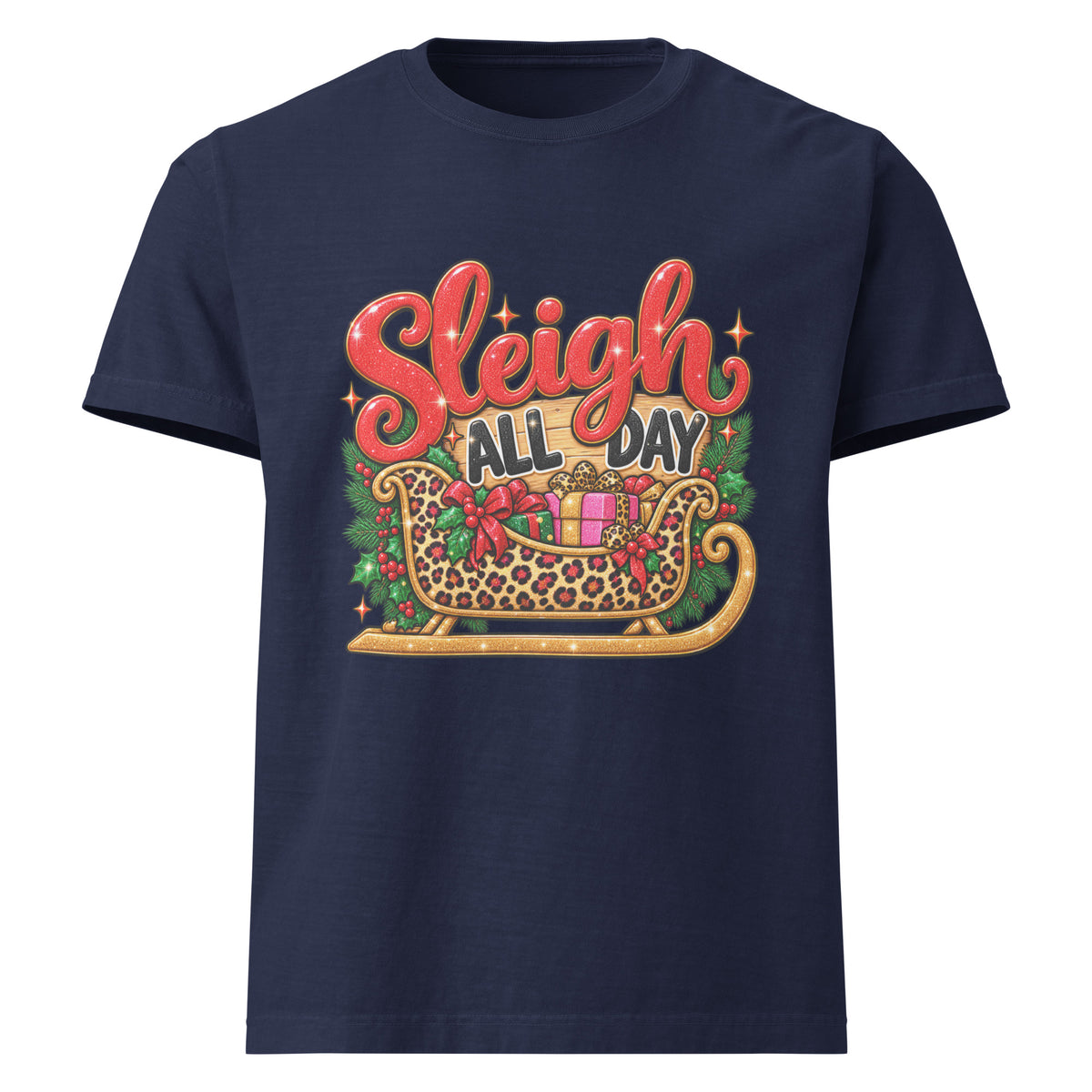 Sleigh All Day Christmas graphic T-shirt in navy, front view