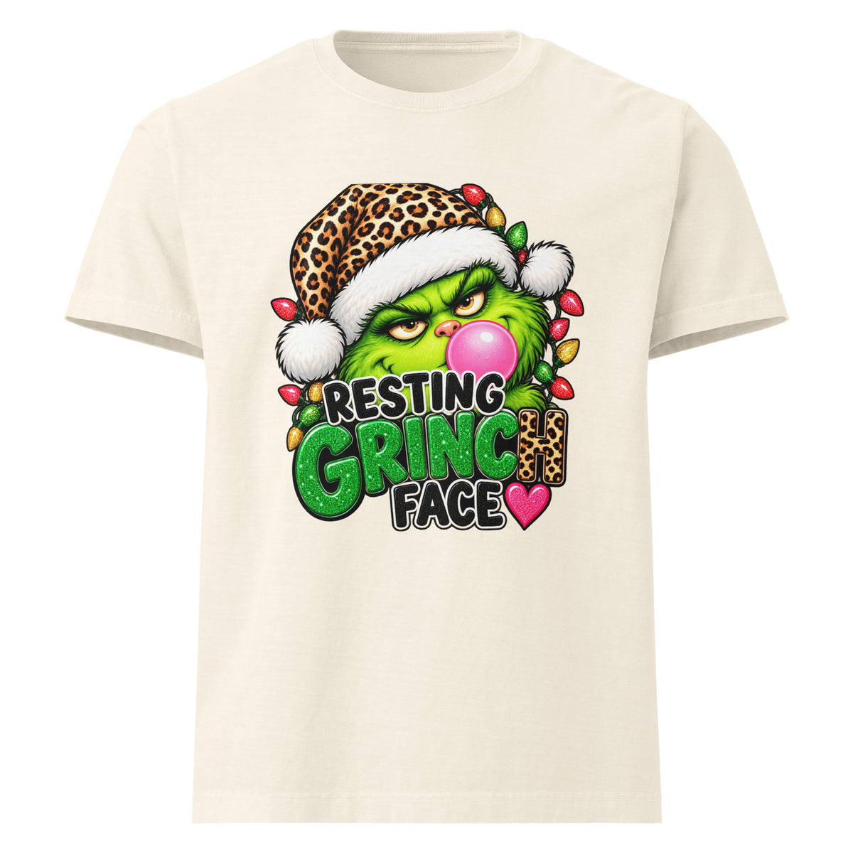 Resting Grinch Face Christmas graphic T-shirt in vintage white, front view.