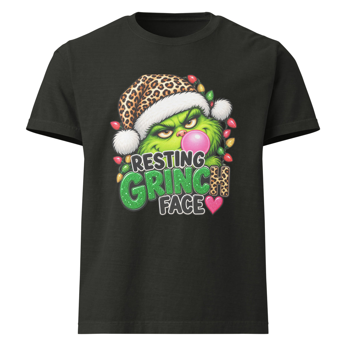 Resting Grinch Face Christmas graphic T-shirt in washed black, front view.