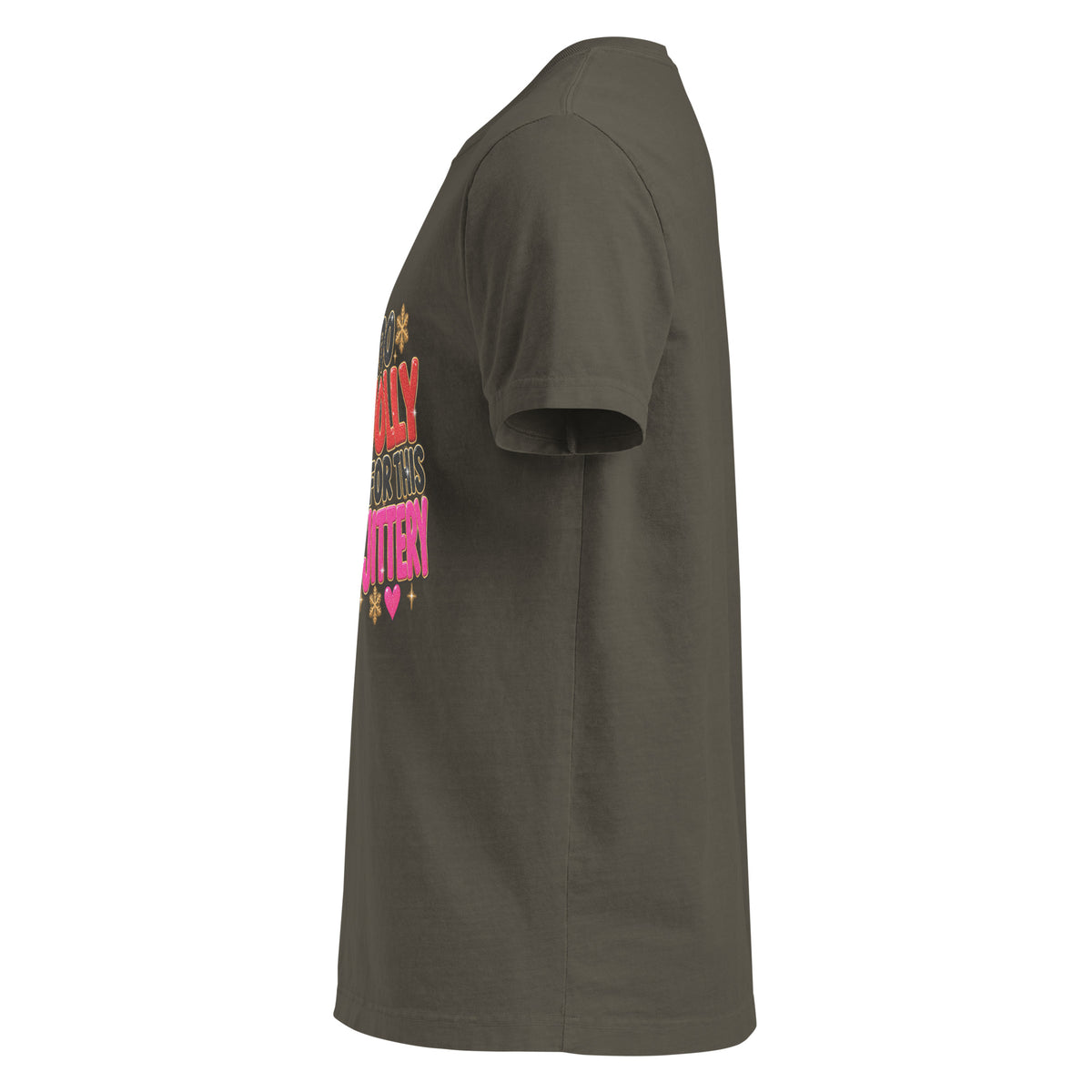 Too Jolly for This Jittery Christmas graphic T-shirt in washed charcoal, left-side view.