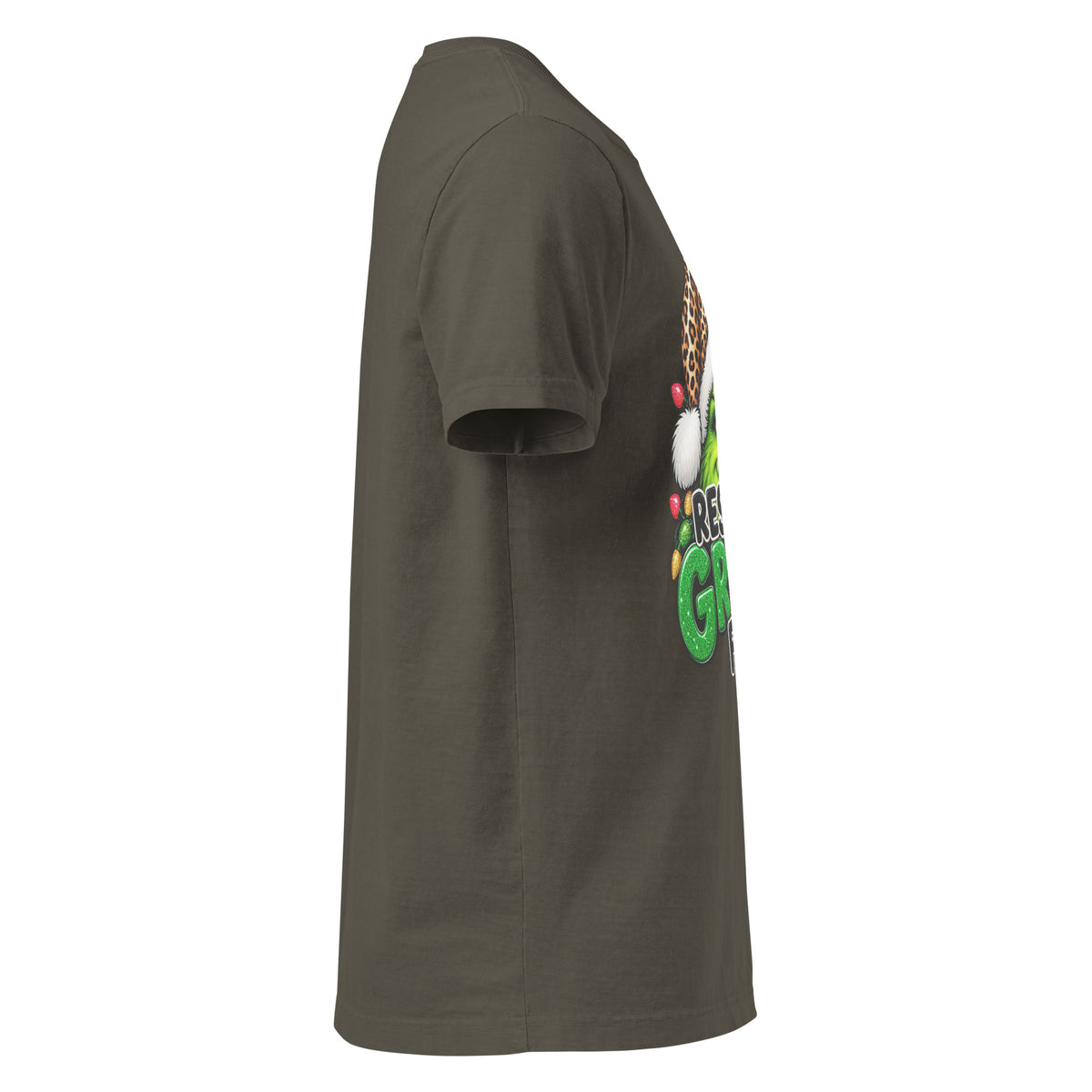Resting Grinch Face Christmas graphic T-shirt in washed charcoal, right-side view.