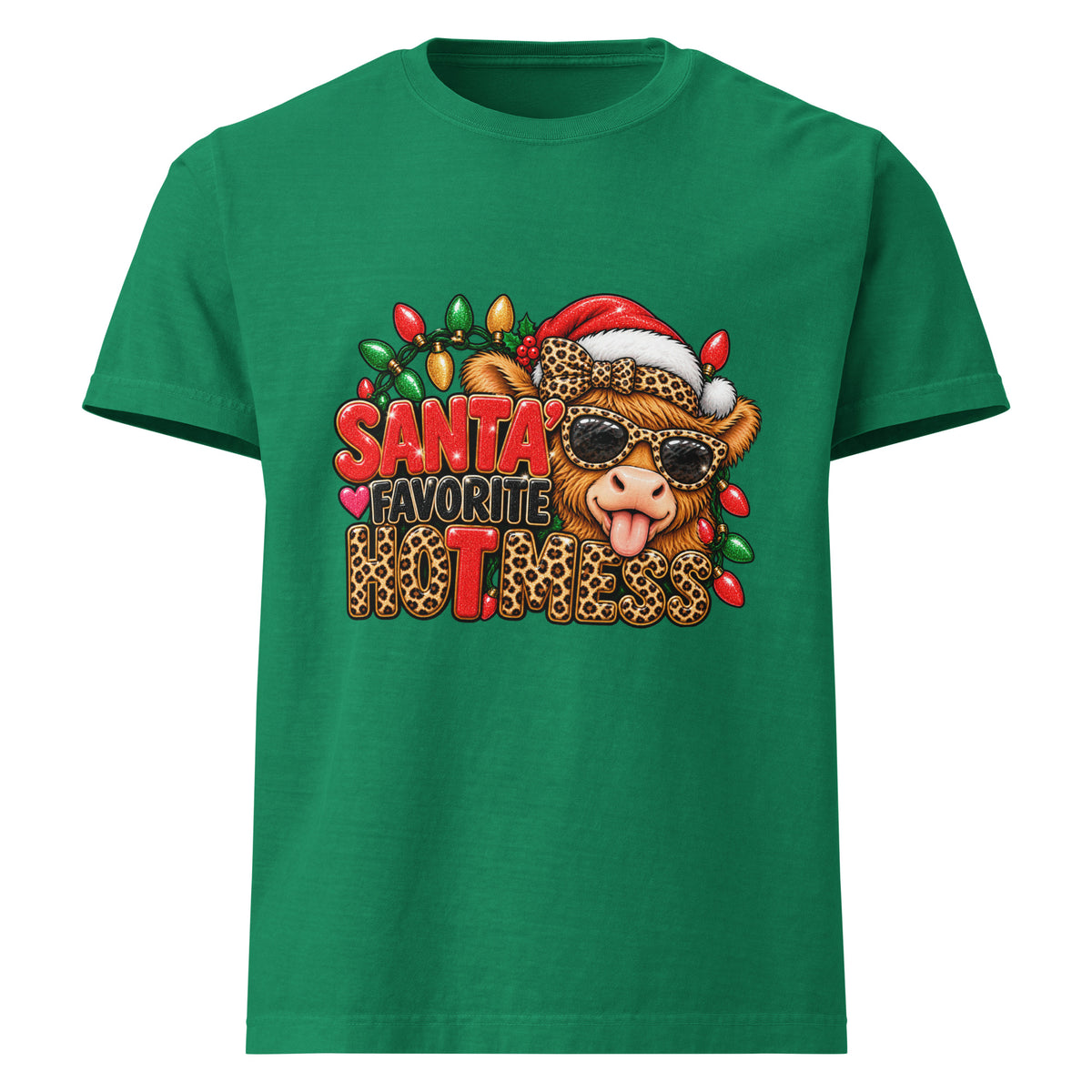 Santa’s Favorite Hot Mess Christmas graphic T-shirt in washed Kelly green, front view.