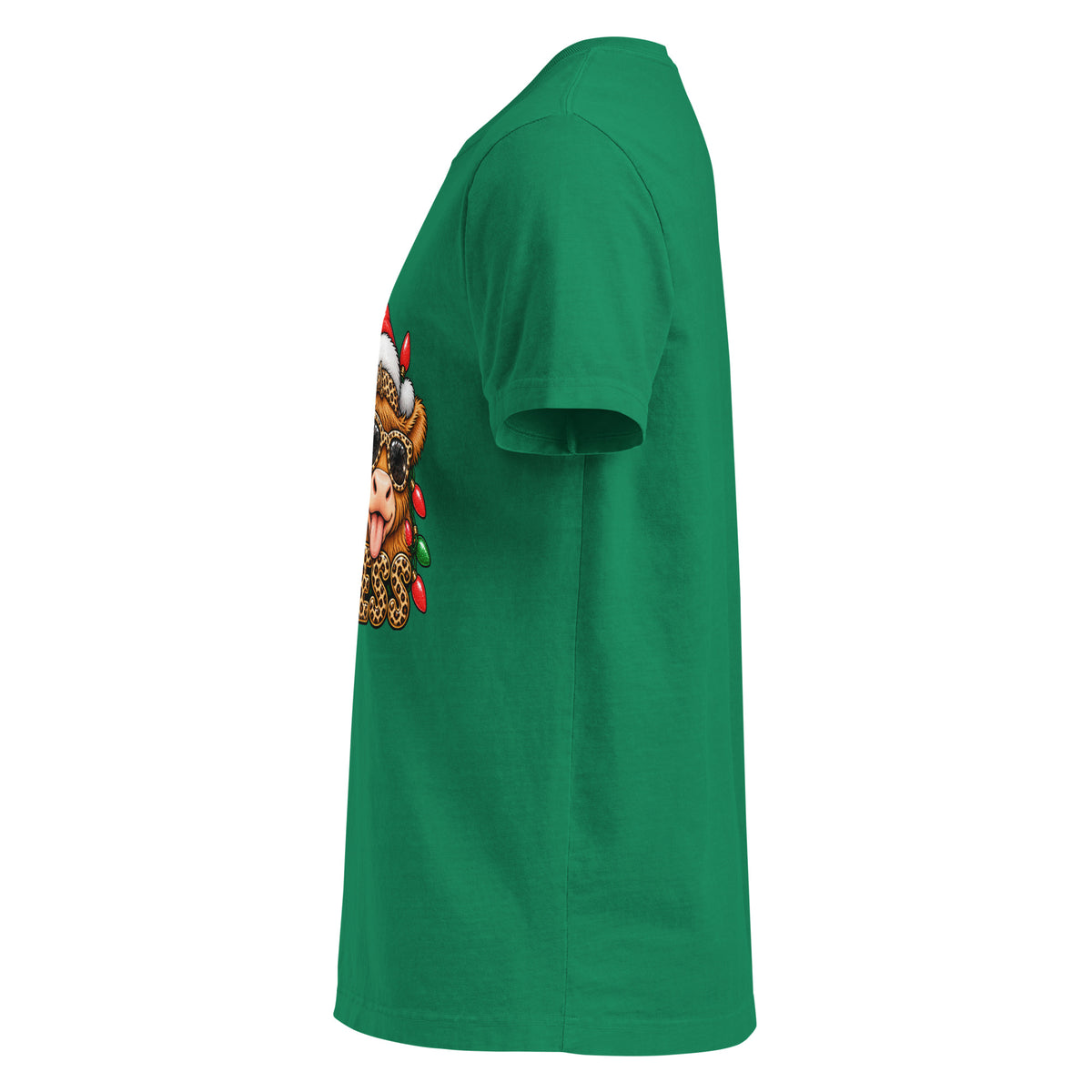 Santa’s Favorite Hot Mess Christmas graphic T-shirt in washed Kelly green, left-side view.