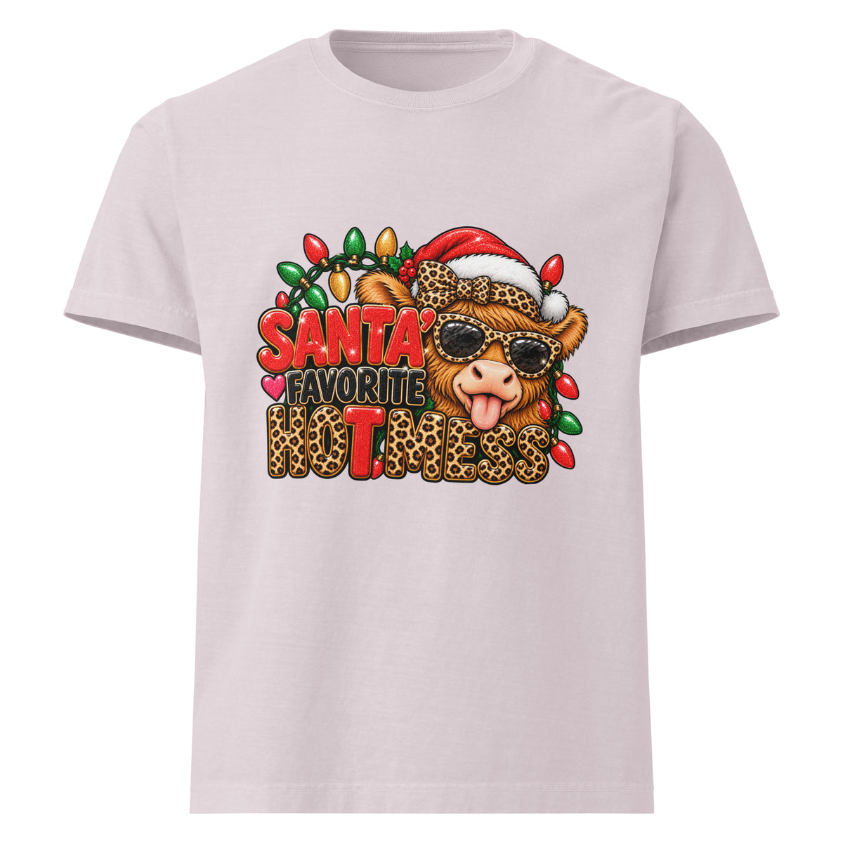 Santa’s Favorite Hot Mess Christmas graphic T-shirt in washed lavender, front view.