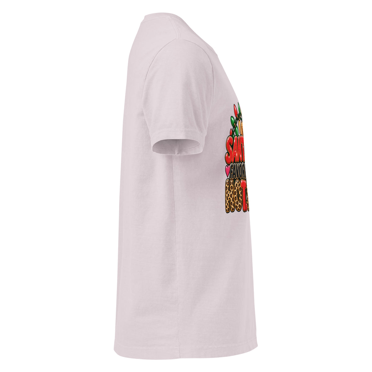 Santa’s Favorite Hot Mess Christmas graphic T-shirt in washed lavender, right-side view.