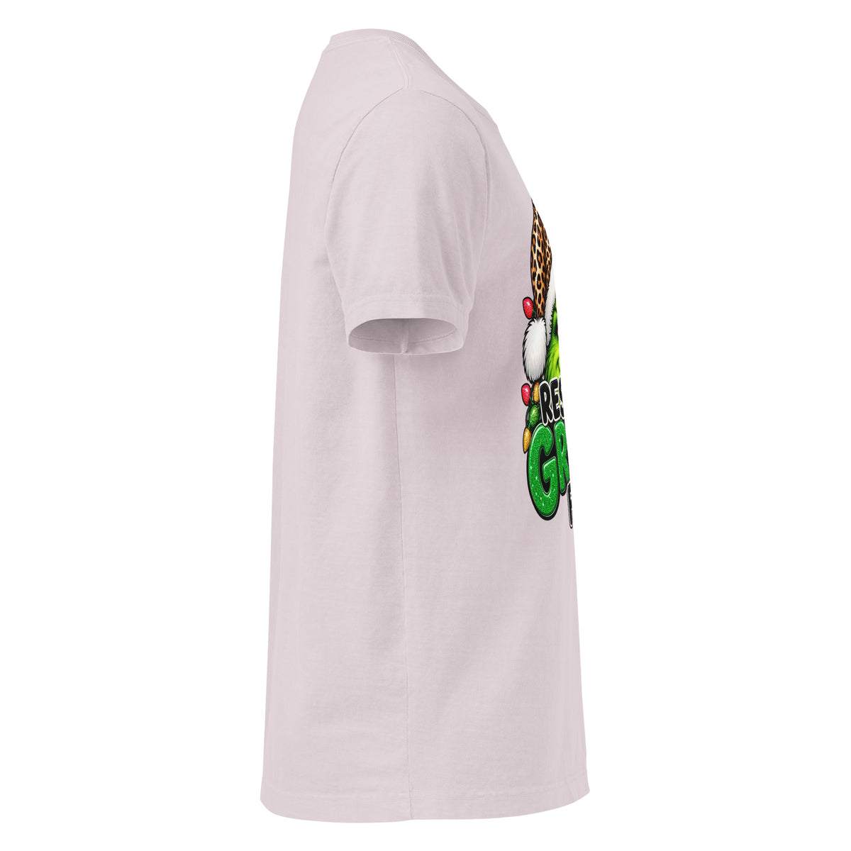Resting Grinch Face Christmas graphic T-shirt in washed lavender, right-side view.