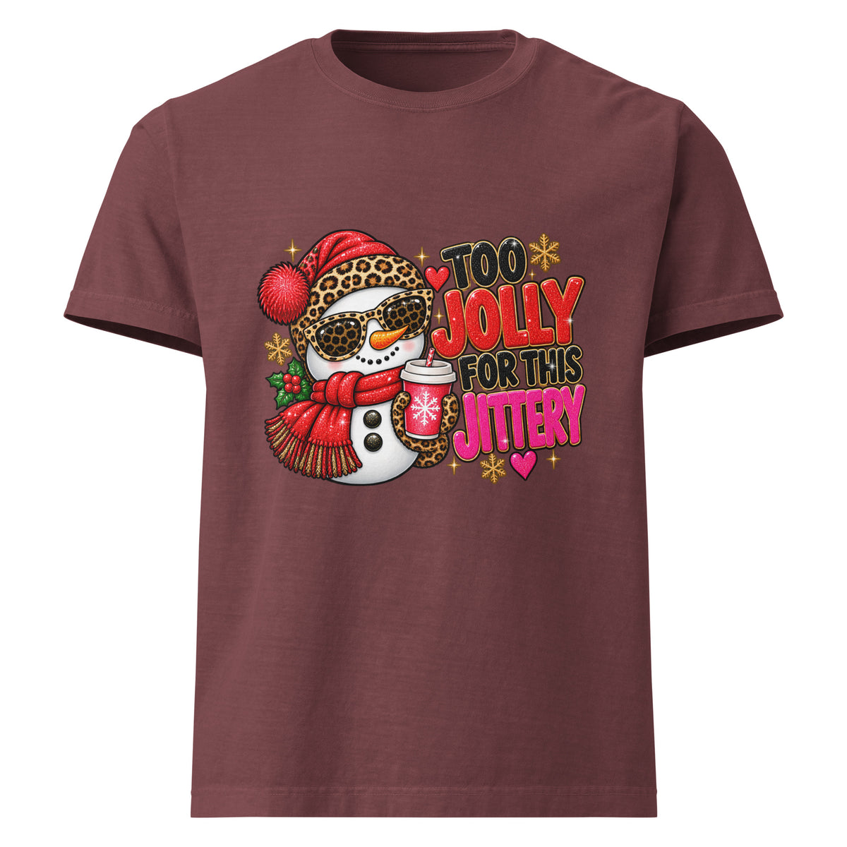 Too Jolly for This Jittery Christmas graphic T-shirt in washed maroon, front view.