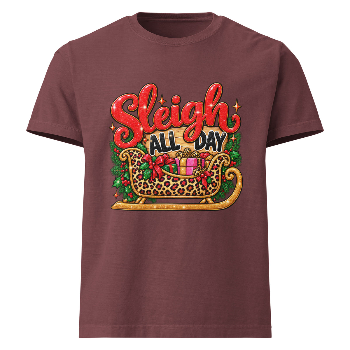 Sleigh All Day Christmas graphic T-shirt in washed maroon, front view