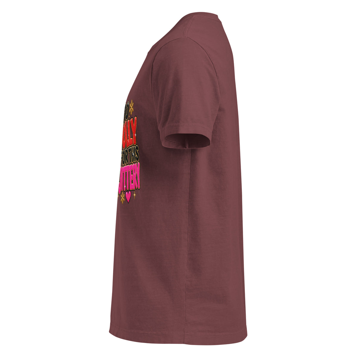 Too Jolly for This Jittery Christmas graphic T-shirt in washed maroon, left-side view.