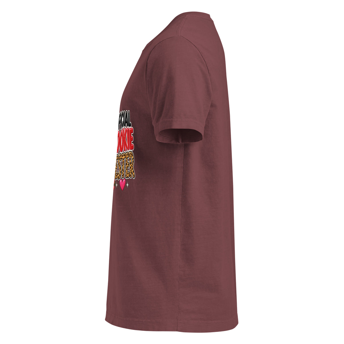 Official Cookie Tester graphic T-shirt in washed maroon, left-side view
