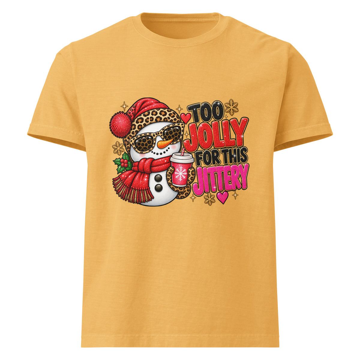 Too Jolly for This Jittery Christmas graphic T-shirt in washed mustard, front view.