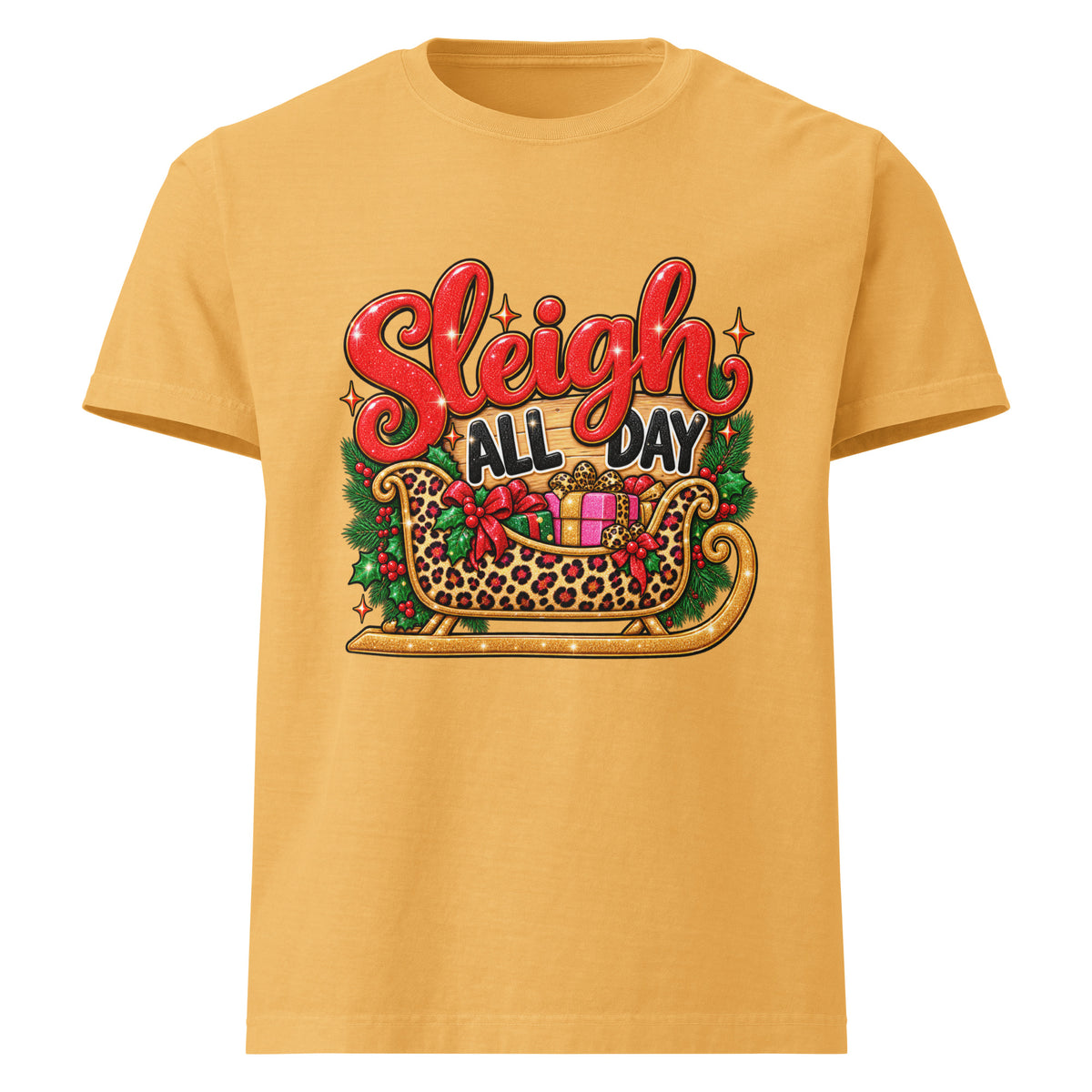 Sleigh All Day Christmas graphic T-shirt in washed mustard, front view