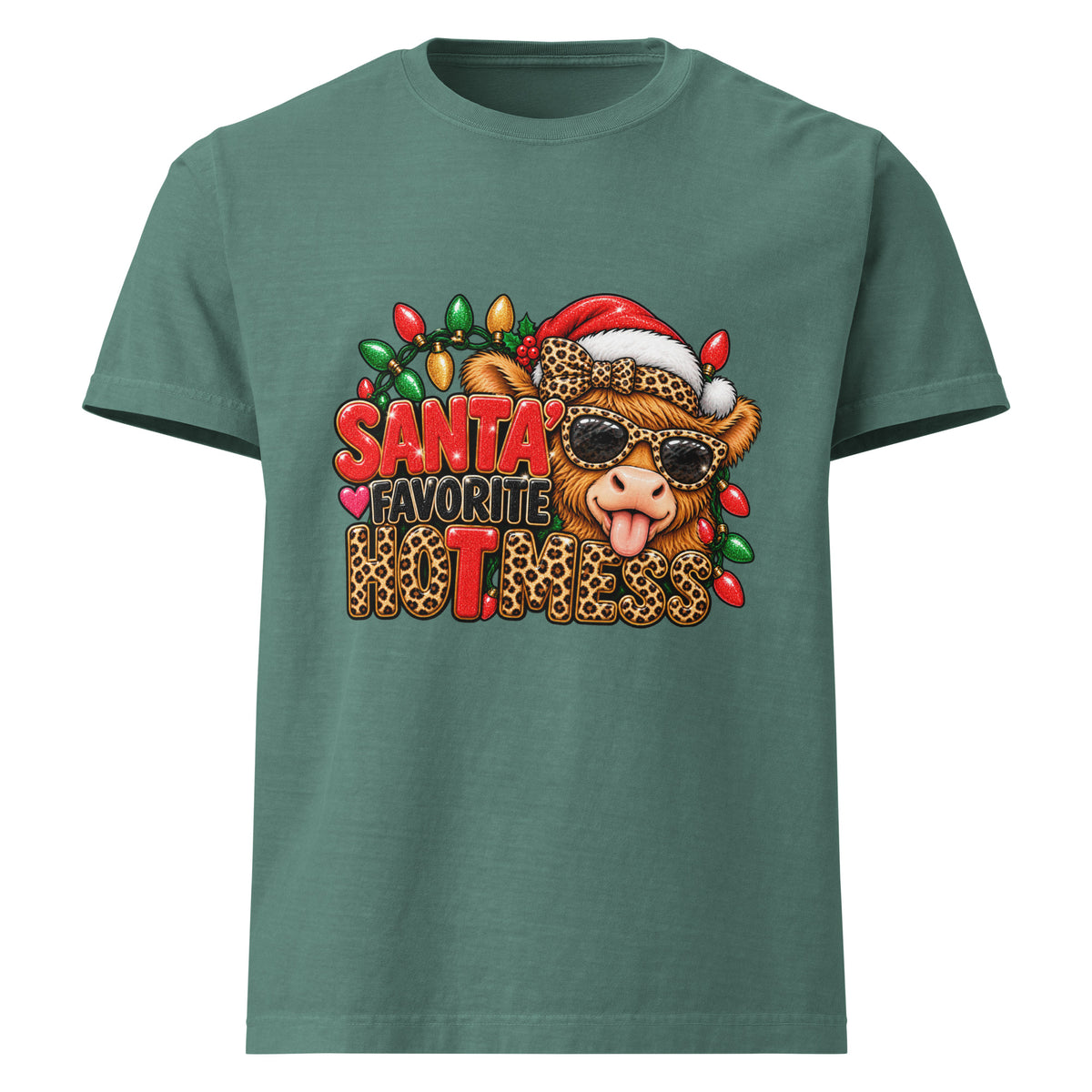 Santa’s Favorite Hot Mess Christmas graphic T-shirt in washed pine green, front view.