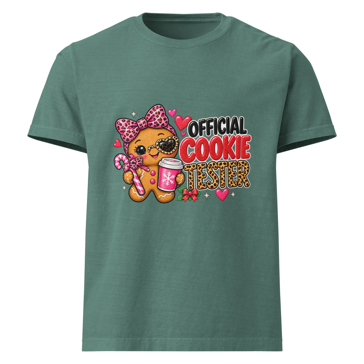 Official Cookie Tester graphic T-shirt in washed pine green, front view