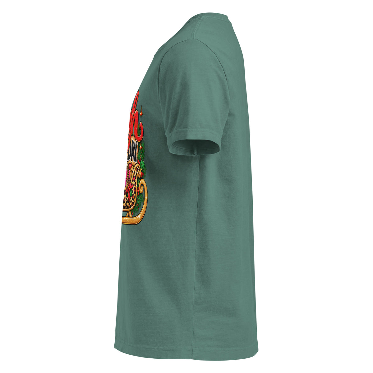 Sleigh All Day Christmas graphic T-shirt in washed pine green, left side view