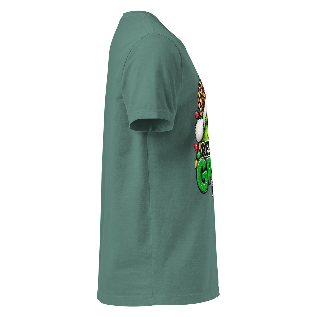 Resting Grinch Face Christmas graphic T-shirt in washed pine green, right-side view.