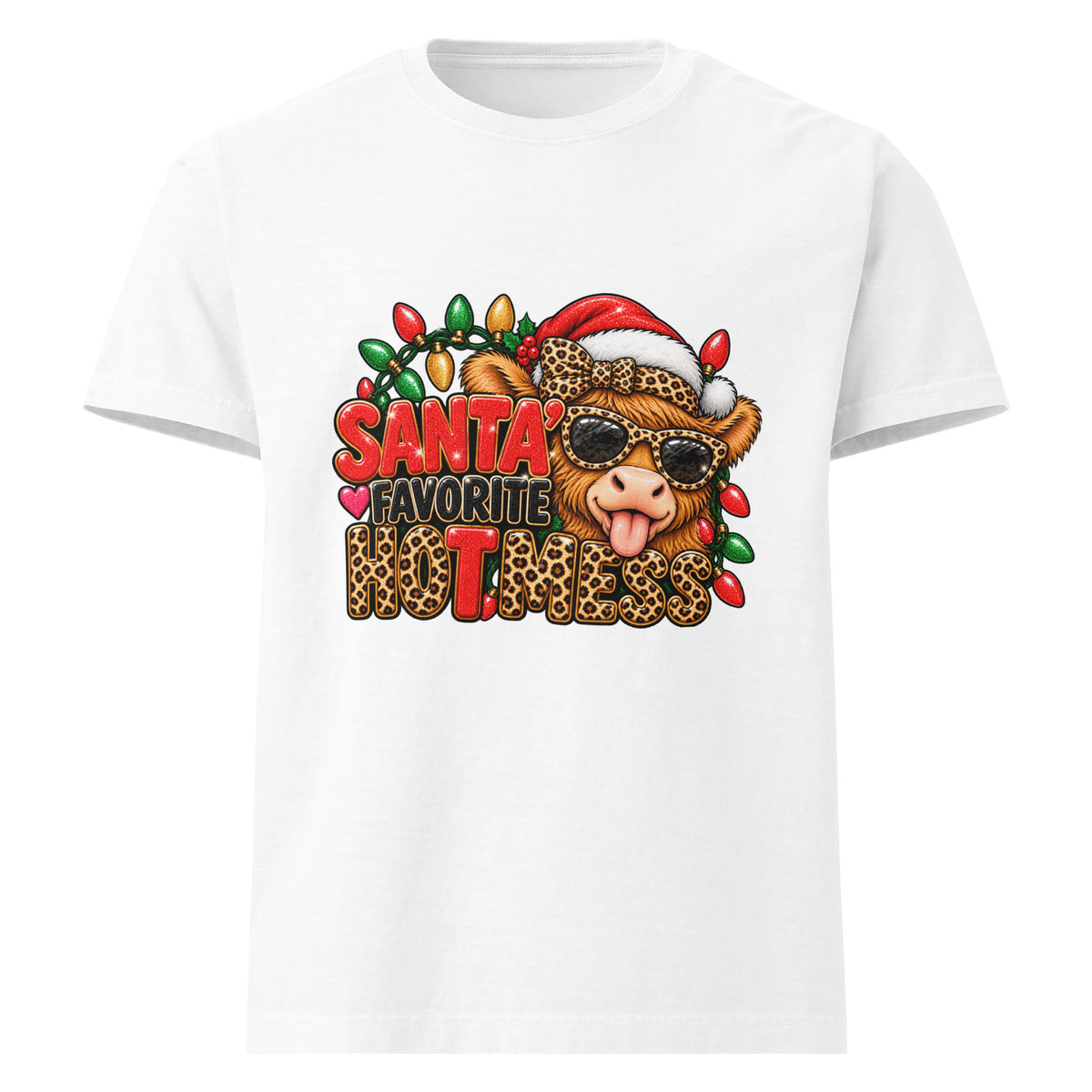 Santa’s Favorite Hot Mess Christmas graphic T-shirt in white, front view.