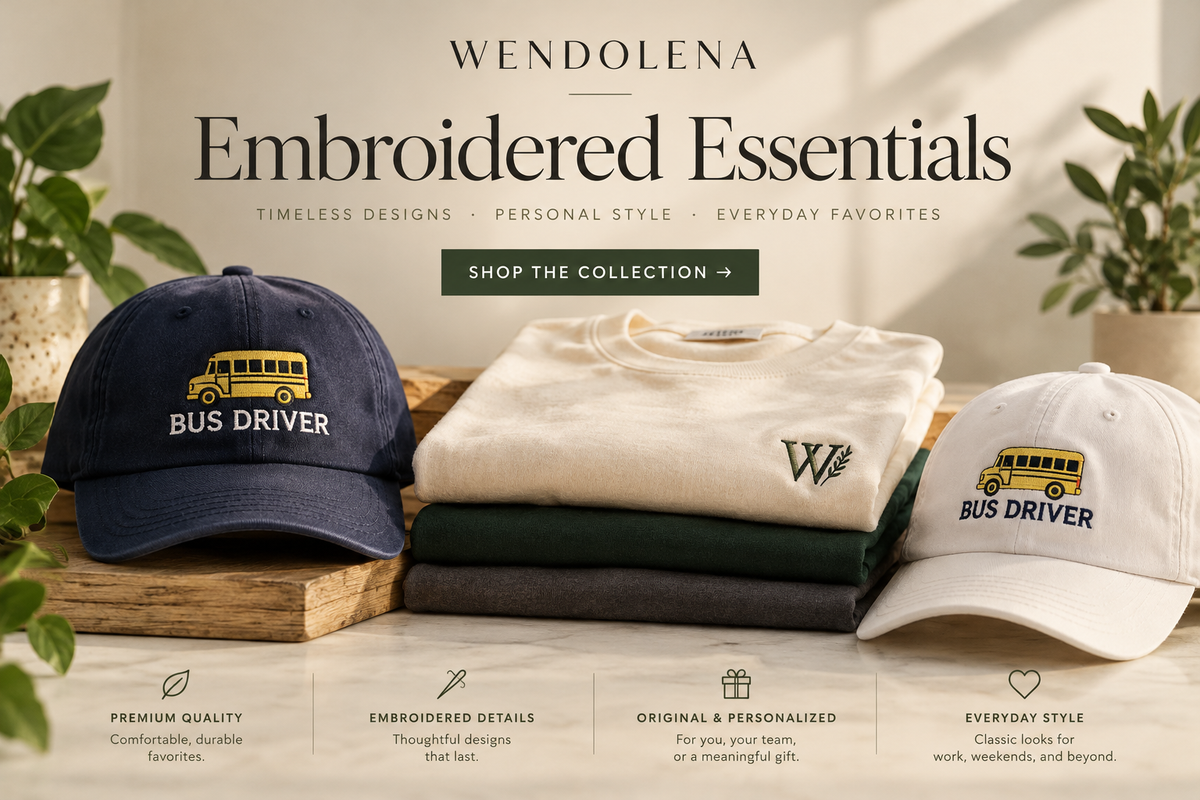 Wendolena Embroidered Essentials collection banner featuring embroidered hats and apparel