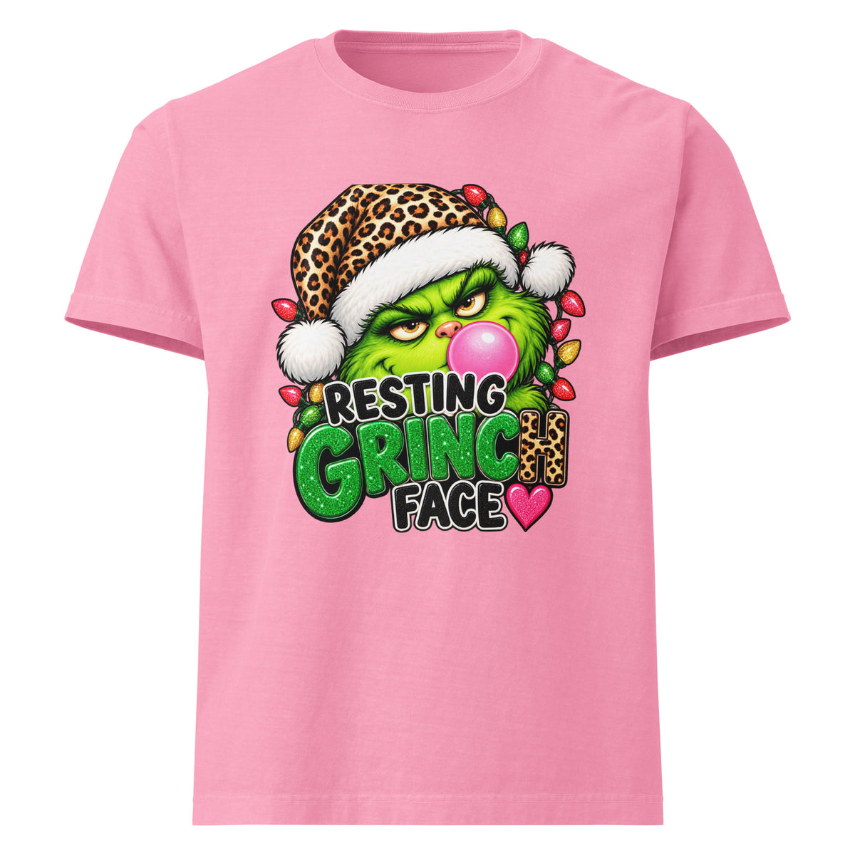 Resting Grinch Face Christmas graphic T-shirt in bubble gum pink, front view.