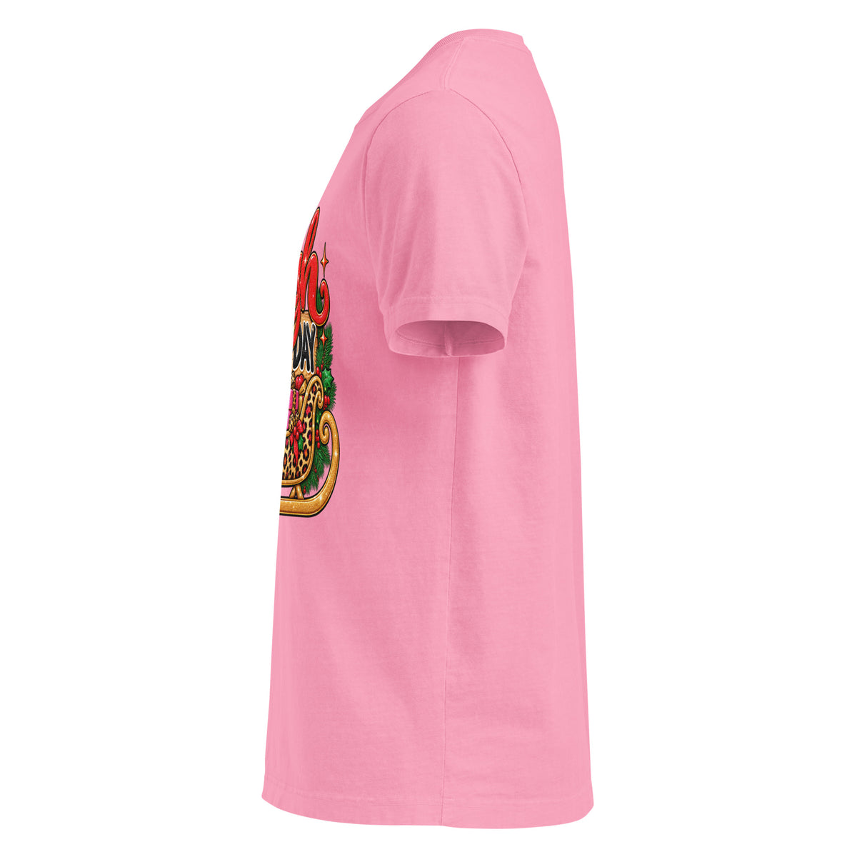 Sleigh All Day Christmas graphic T-shirt in bubble gum pink, left side view