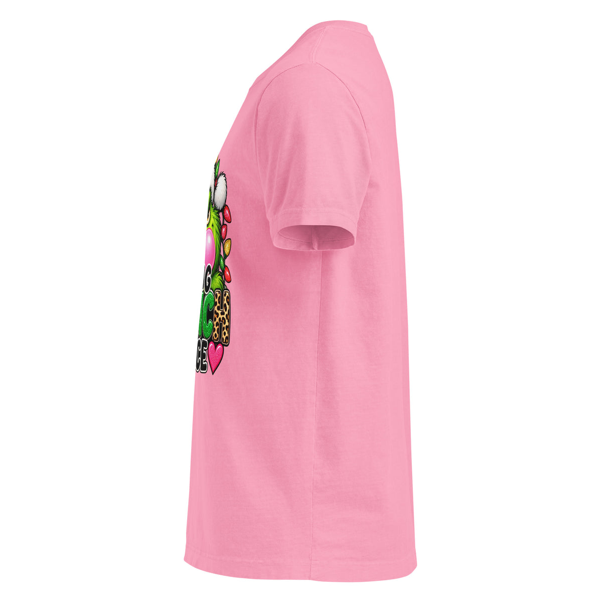 Resting Grinch Face Christmas graphic T-shirt in bubble gum pink, left-side view.