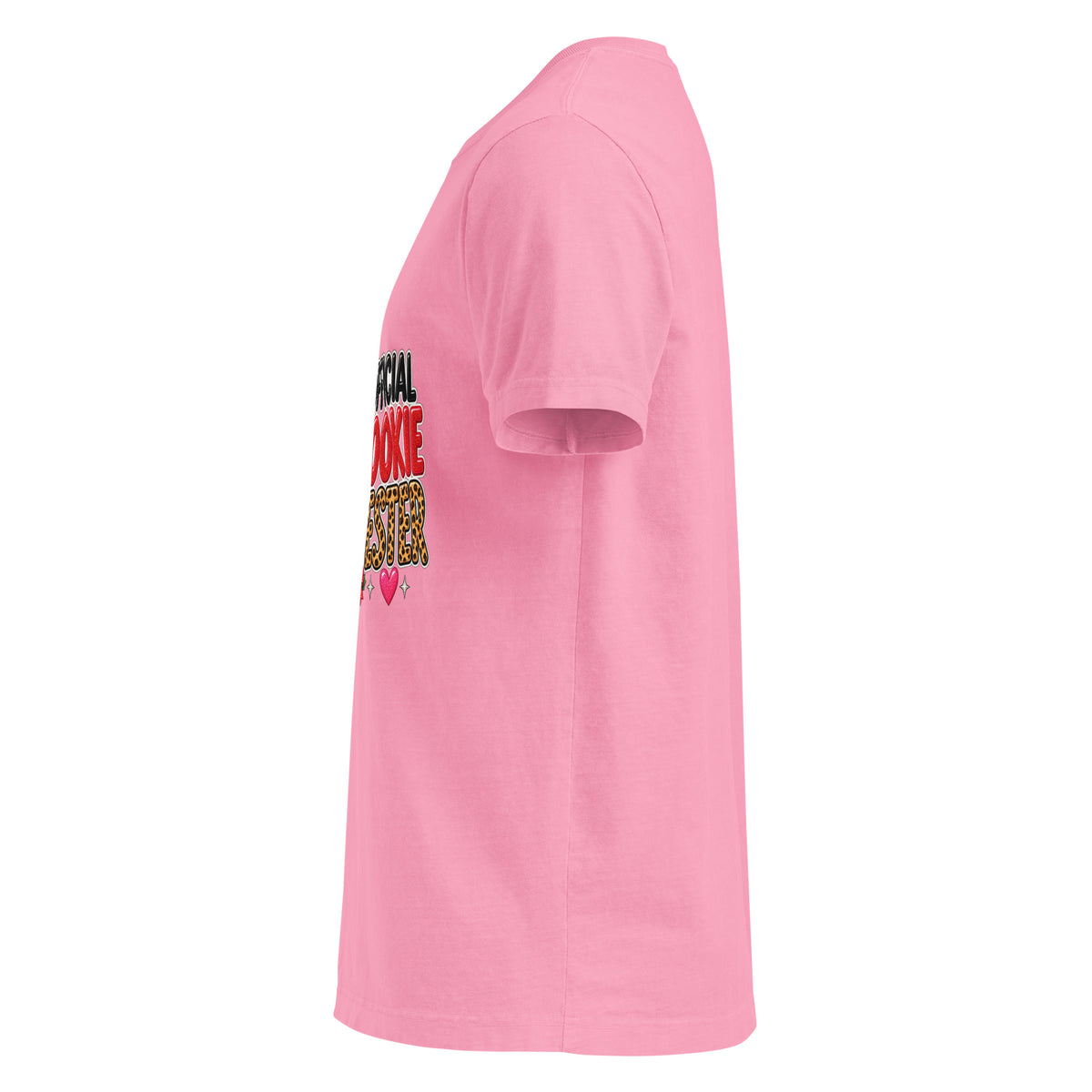 Official Cookie Tester graphic T-shirt in bubble gum pink, left-side view