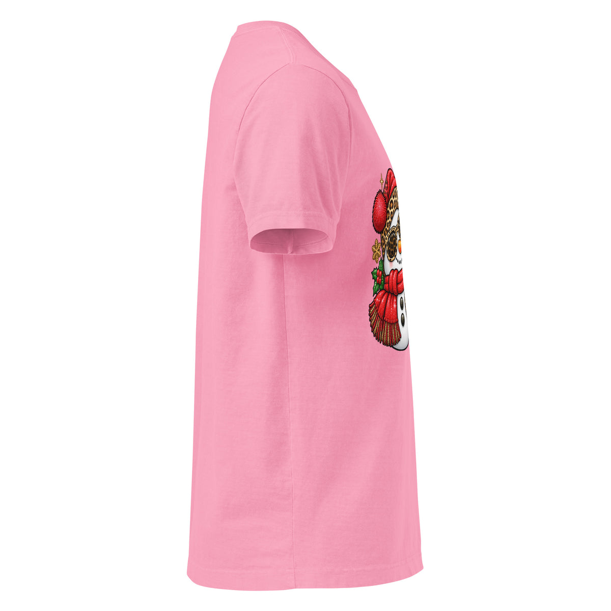 Too Jolly for This Jittery Christmas graphic T-shirt in bubble gum pink, right-side view.