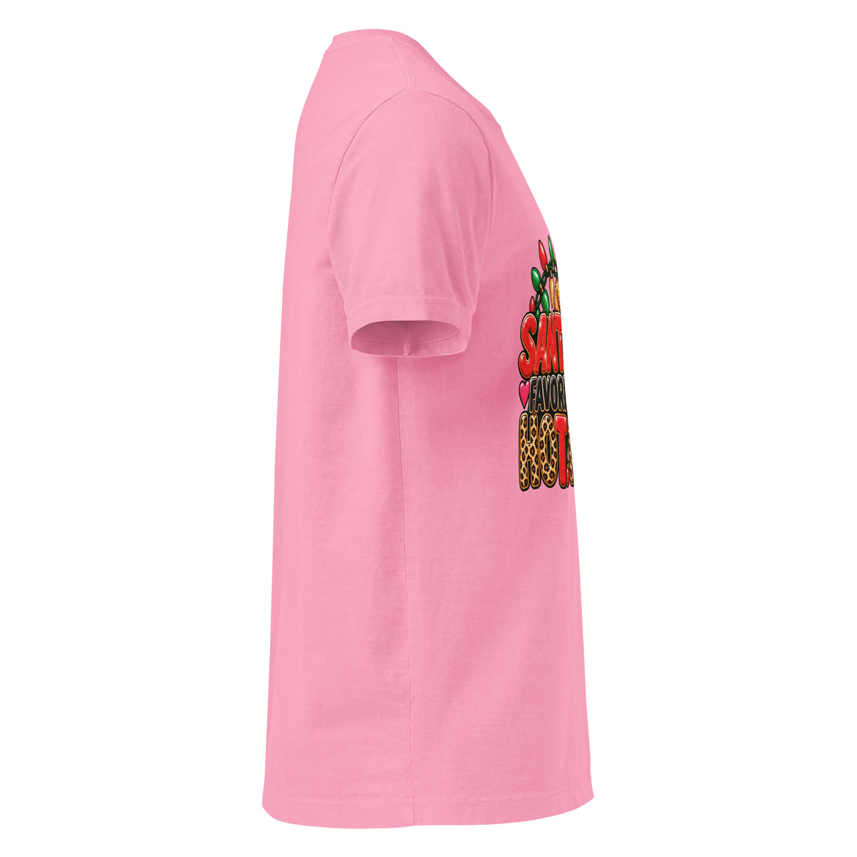 Santa’s Favorite Hot Mess Christmas graphic T-shirt in bubble gum pink, right-side view.