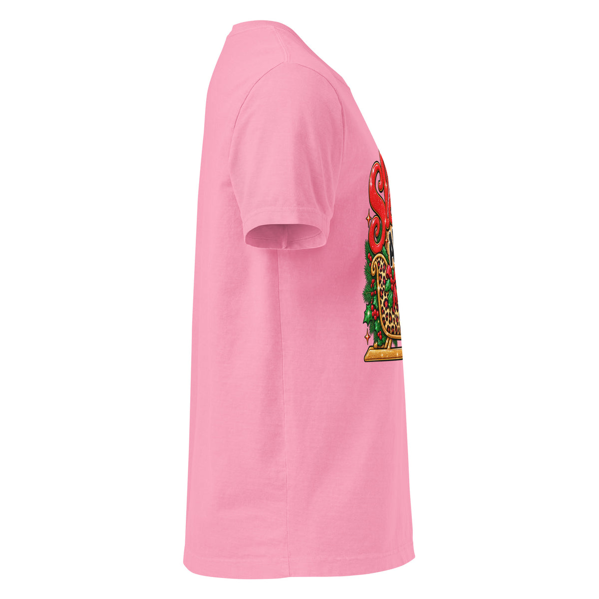 Sleigh All Day Christmas graphic T-shirt in bubble gum pink, right side view