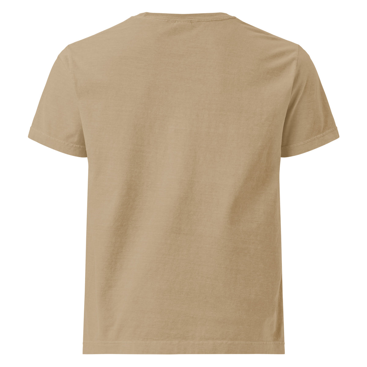 Too Jolly for This Jittery Christmas graphic T-shirt in khaki, back view.