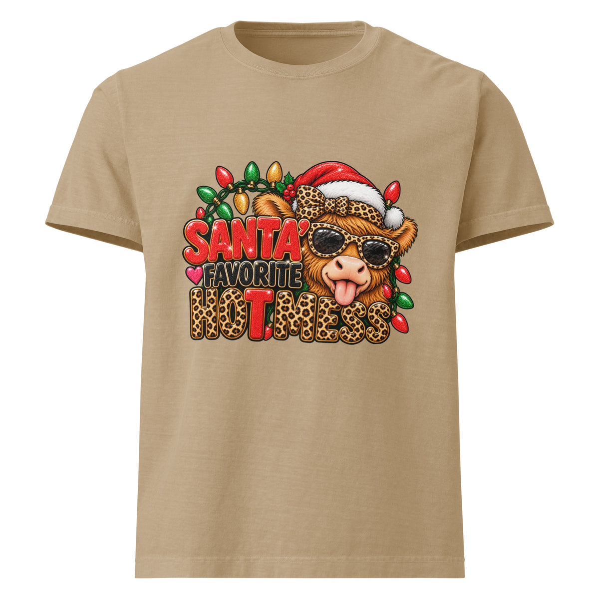Santa’s Favorite Hot Mess Christmas graphic T-shirt in khaki, front view.