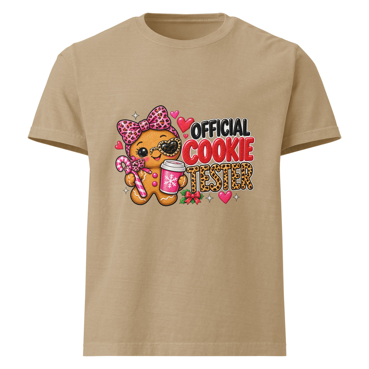 Official Cookie Tester graphic T-shirt in khaki, front view